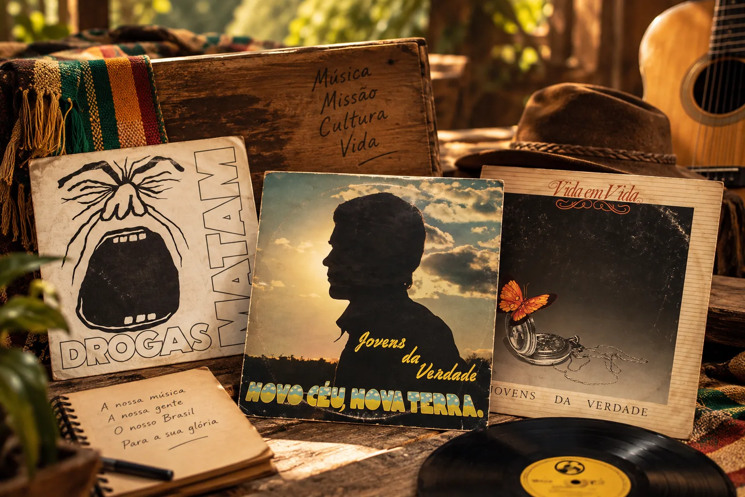 Montagem histórica com quatro capas de LPs do Jovens da Verdade